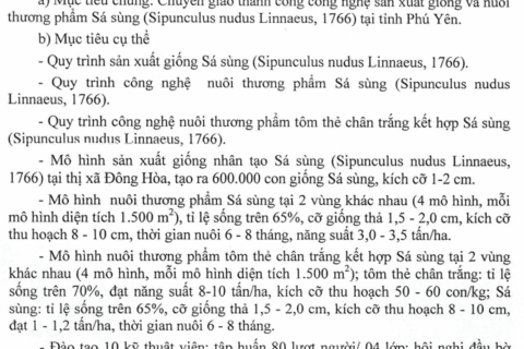 Ứng dụng công nghệ sản xuất giống và nuôi thương phẩm sá sùng (sipunculus nudus linnacus, 1766) theo hướng bền vững tại Phú Yên.